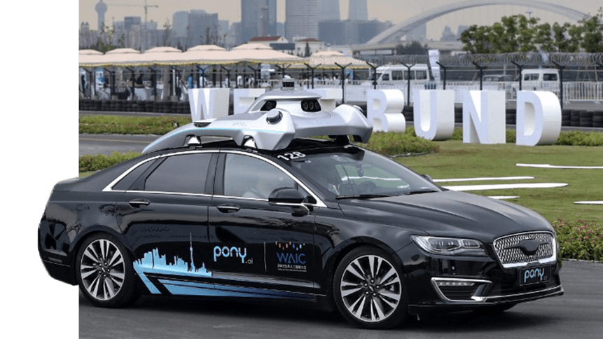 A driverless car by Pony.ai makes its way during the World Artificial Intelligence Conference 2018