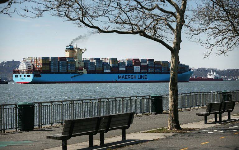A cargo ship arrives at New York's harbor.