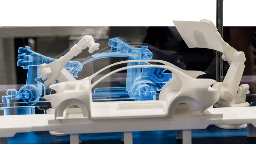 Simulating of car manufacturing by robots, digital twin of the production on Siemens stand on Messe fair
