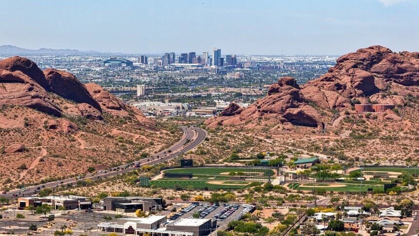 Downtown Phoenix, Arizona aerial view from Scottsdale