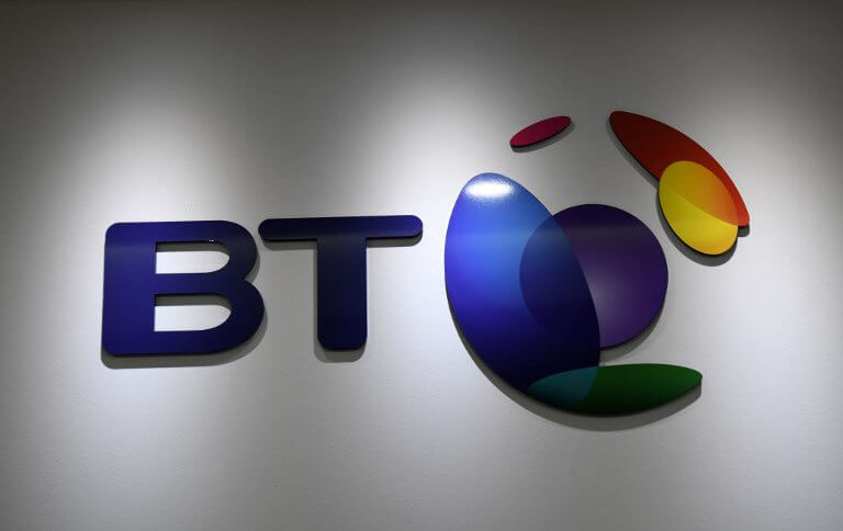 A general view shows the logo of BT at the office headquarters in Singapore