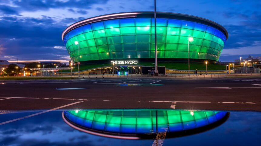 The SSE Hydro at night on July 21, 2017 in Glasgow, Scotland. The Hydro arena is part of Glasgow's conference and event district.