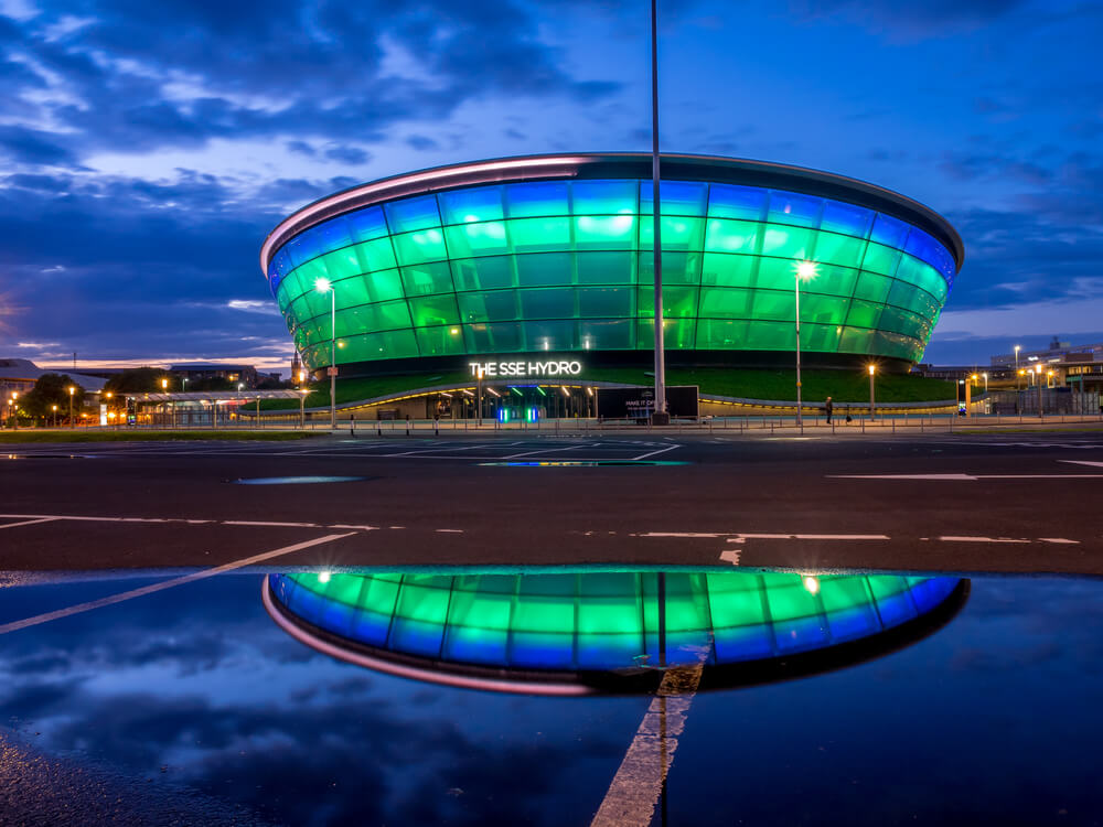 The SSE Hydro at night on July 21, 2017 in Glasgow, Scotland. The Hydro arena is part of Glasgow's conference and event district.