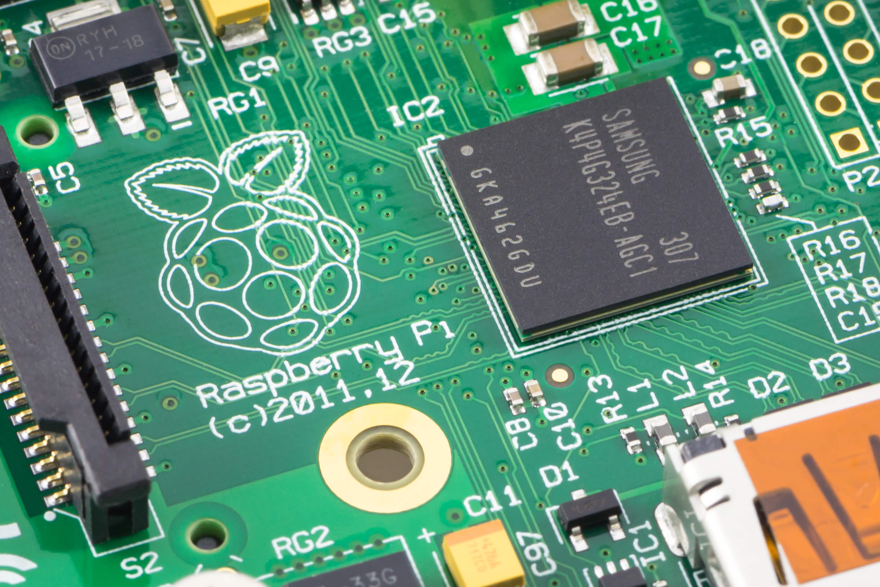 Close-up of a Raspberry Pi Model-B Rev2