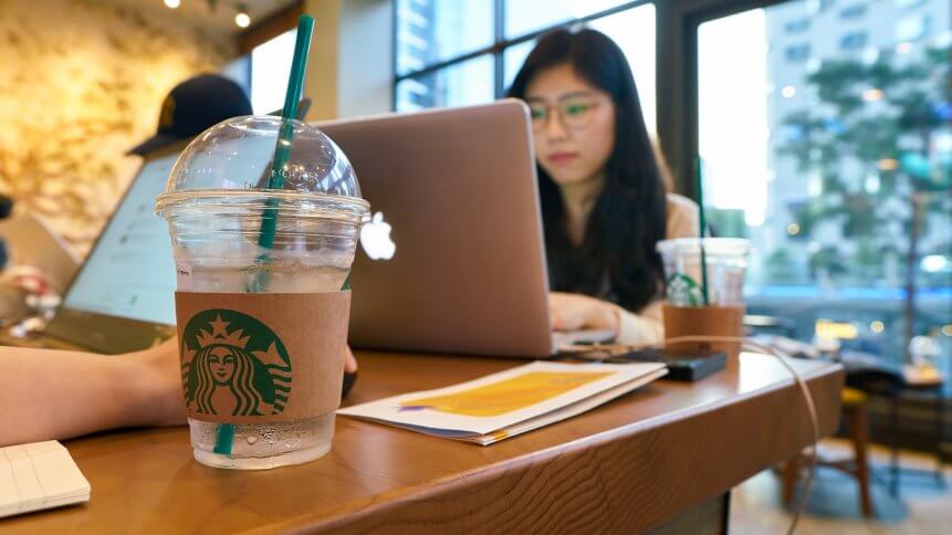 A close up shot of a cup at Starbucks in Seoul.