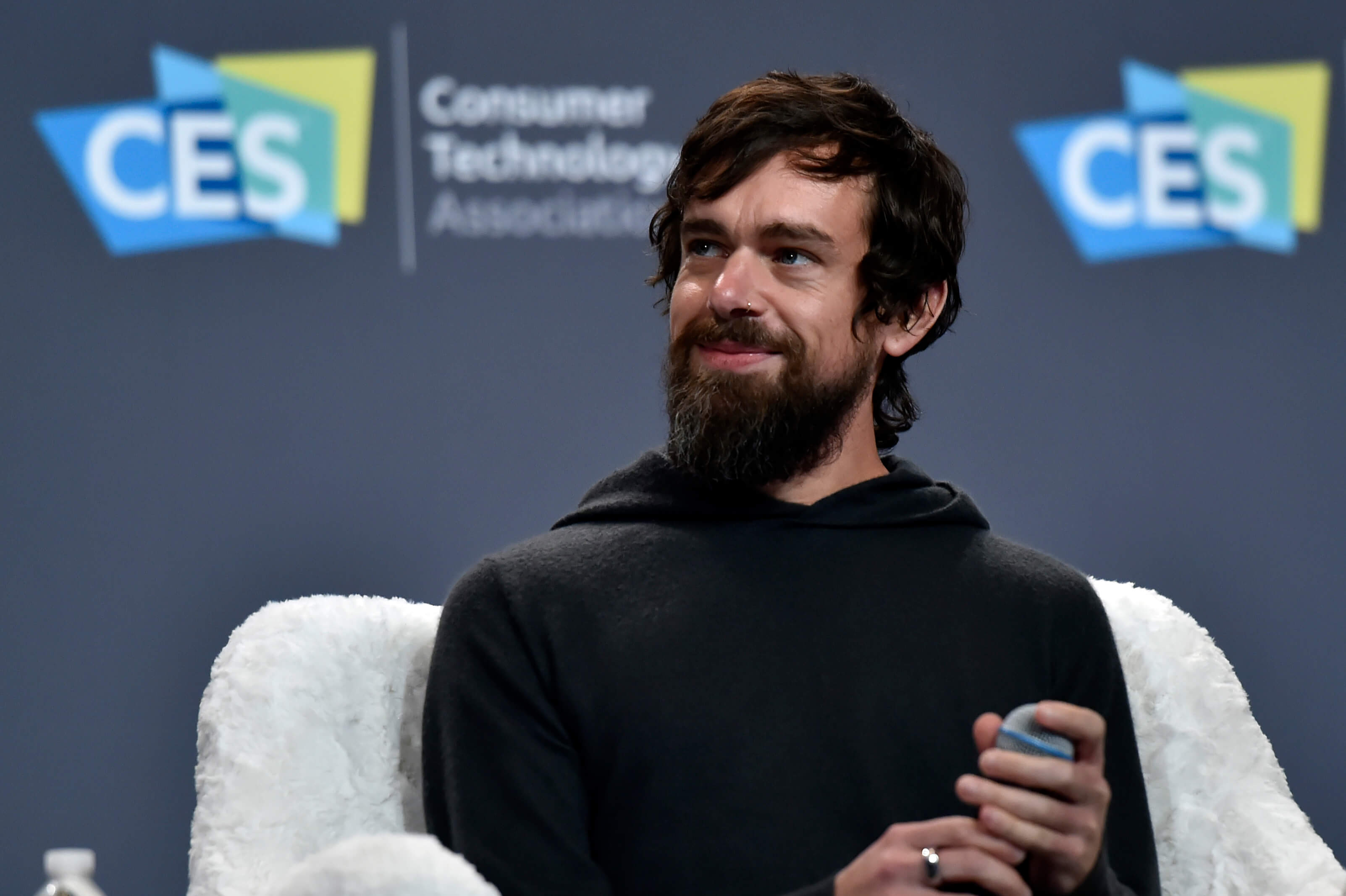 Twitter CEO Jack Dorsey speaks during a press event at CES 2019