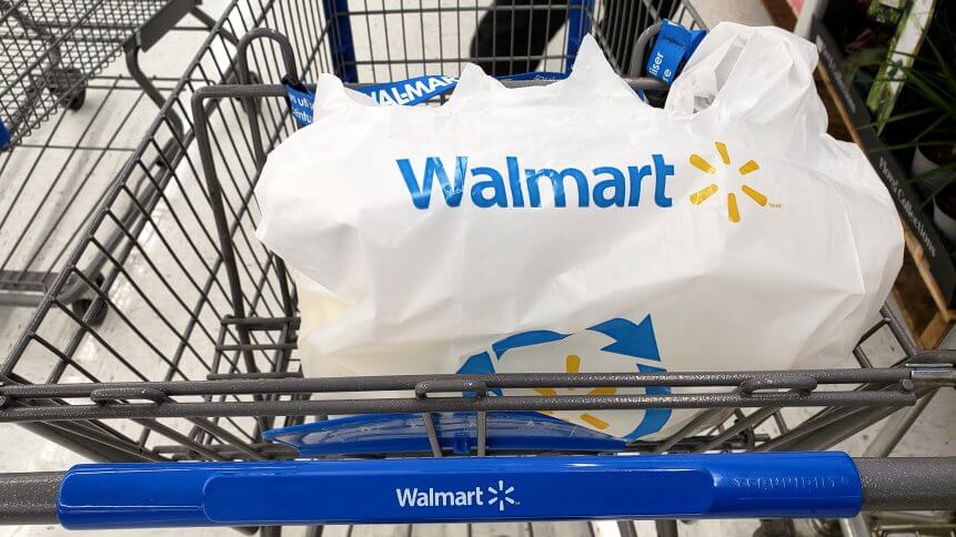 Branded Walmart shopping cart and bag in Walmart