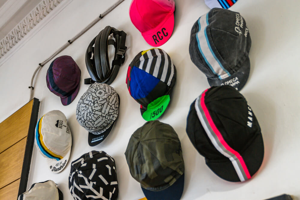 Rapha Cycling Hats for sale in a store in London.