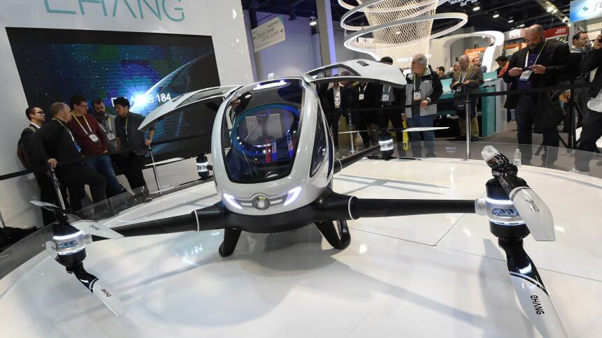An EHang 184 autonomous-flight drone that can fly a person at CES 2016.