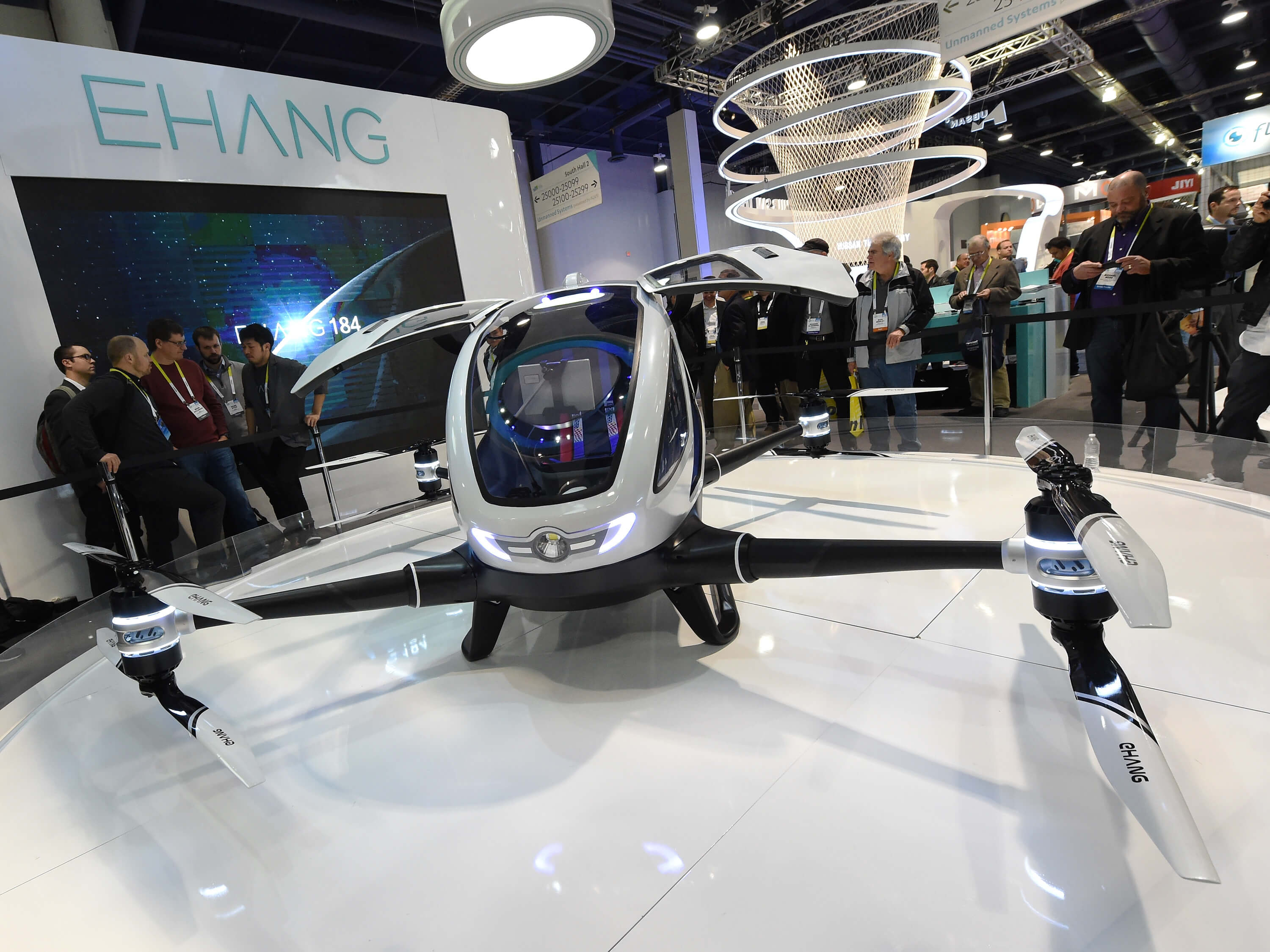 An EHang 184 autonomous-flight drone that can fly a person at CES 2016.