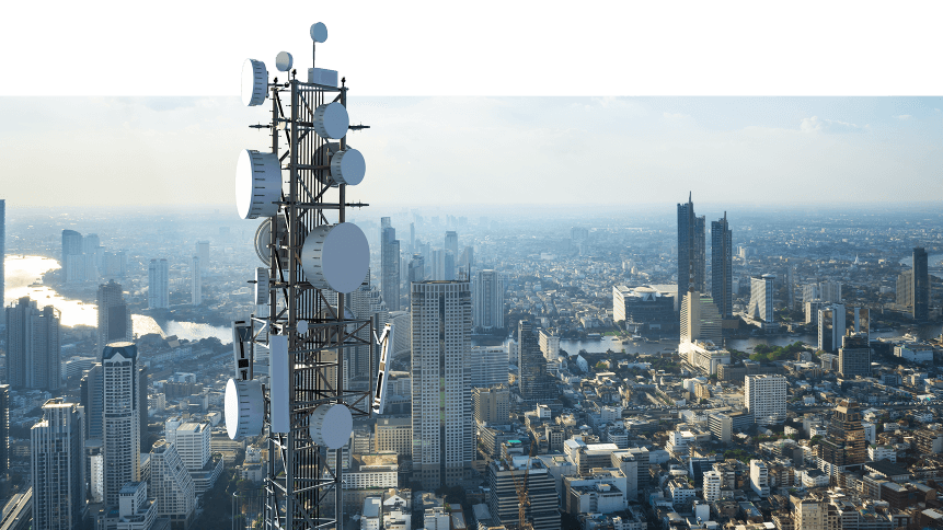 Telecommunication tower with 5G cellular network antenna.