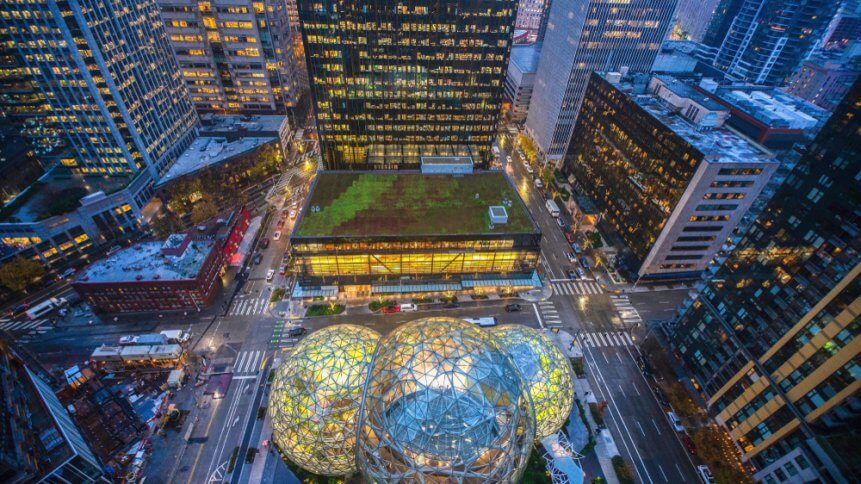 Aerial view of the Amazon Spheres at its Seattle headquarters