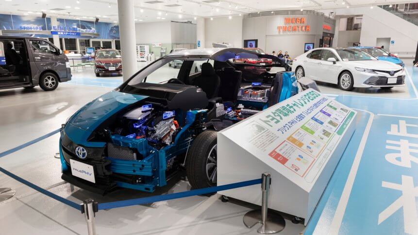 Toyota Prius PHV' half of body is displaying at Toyota Heartful Plaza