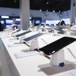 Smartphones on the background of the electronics store