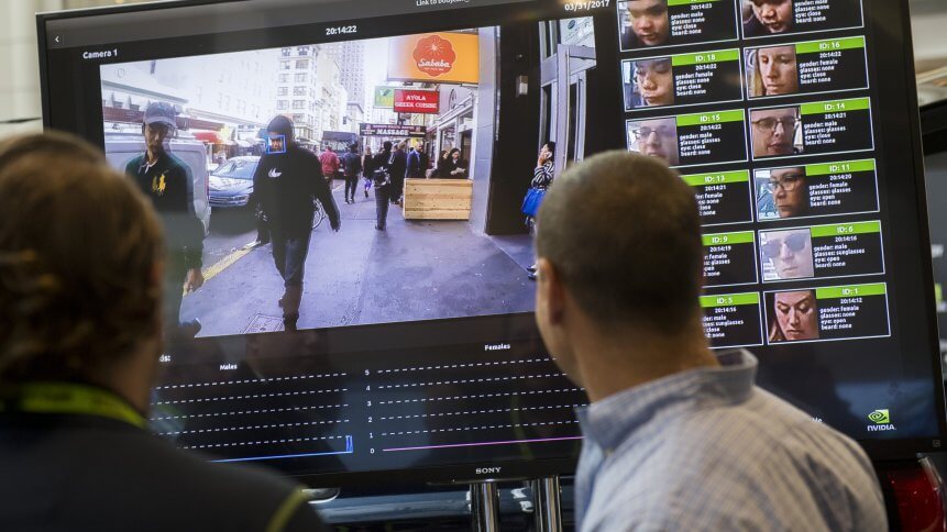 A display shows a facial recognition system for law enforcement during the NVIDIA GPU Technology Conference