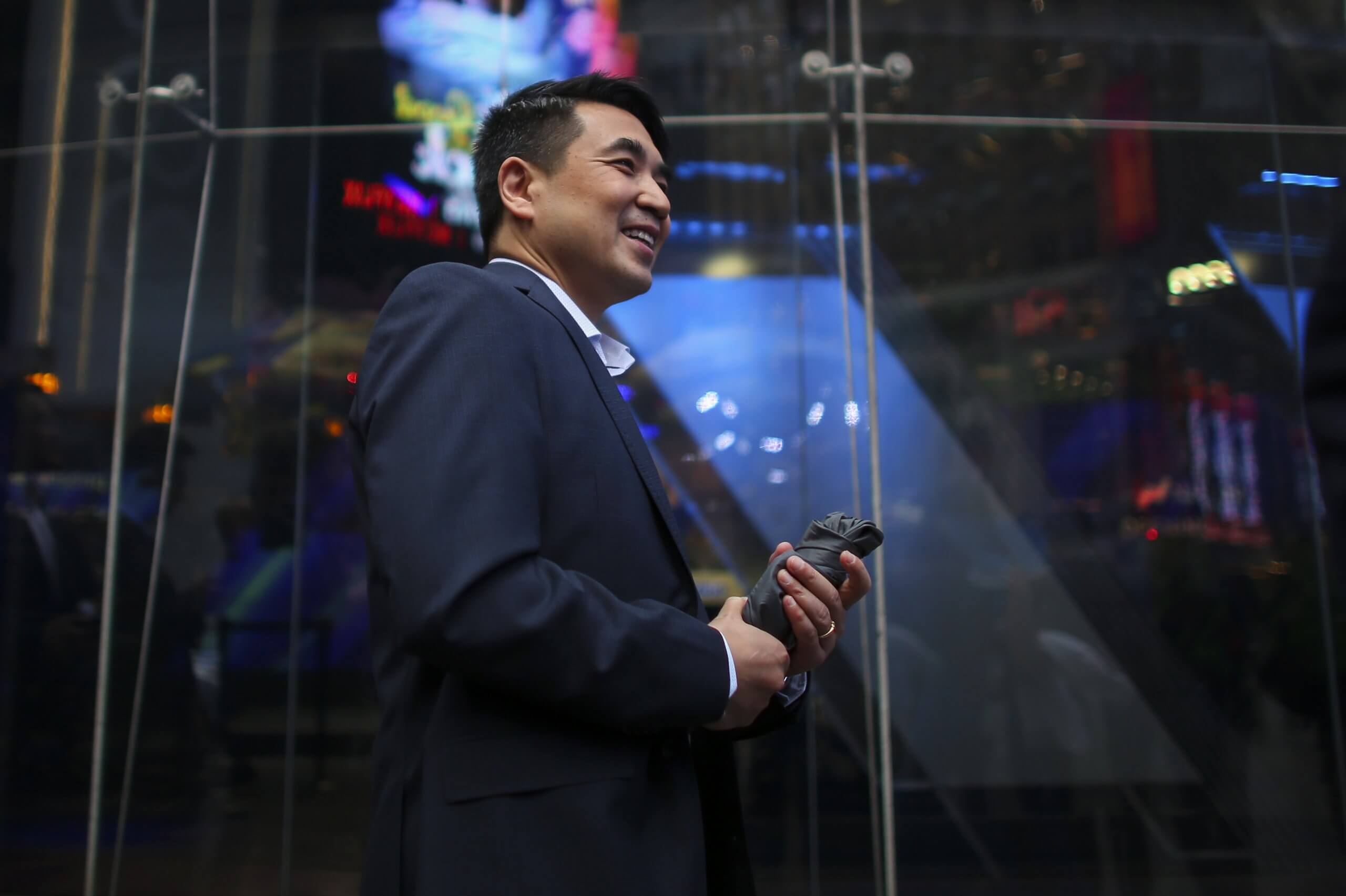 Zoom founder Eric Yuan in front of the Nasdaq building after Zoom's opening bell ceremony on April 18, 2019
