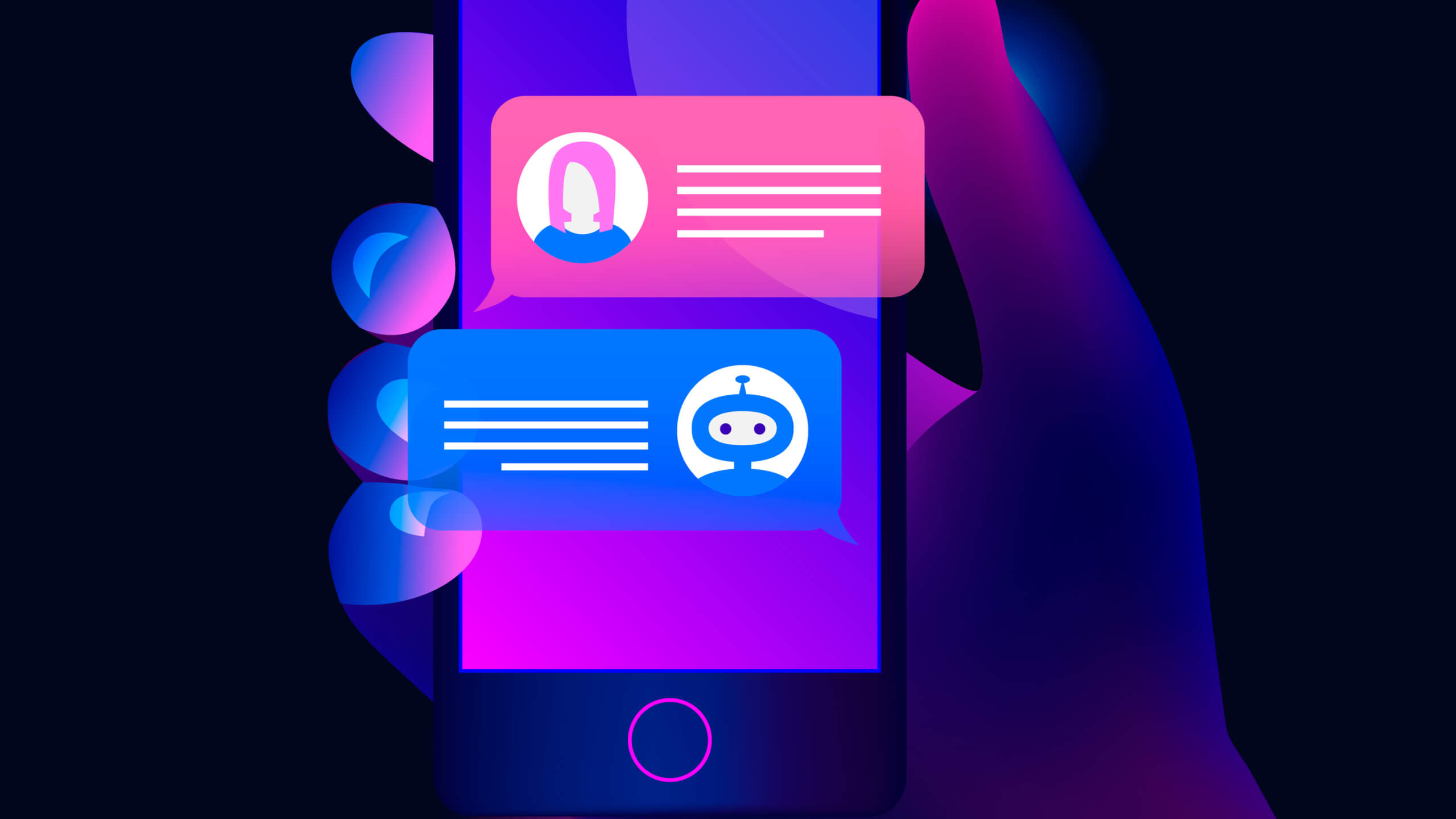 Chatbot concept. Hand holds a smartphone on the screen of which woman chatting with chat bot.