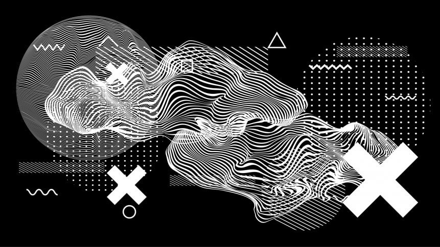 Abstract minimal vector black and white poster template with glitched generative art geometric composition.