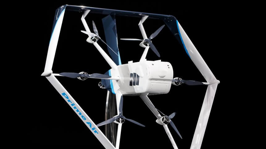 In this image released by Amazon, the company unveils its newest drone design for its "Prime Air" fleet at the Machine Learning, Automation, Robotics and Space conference "re: Mars" in Las Vegas on June 5, 2019. - Amazon said Wednesday it expects to begin large-scale deliveries by drone in the coming months.