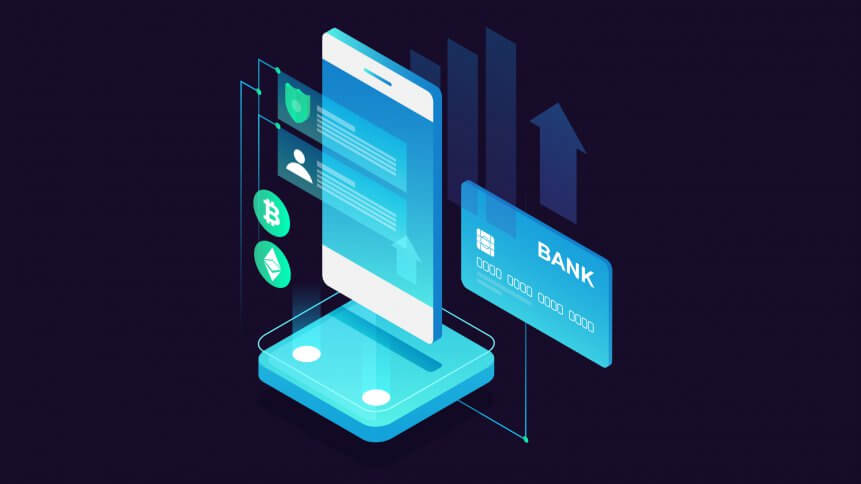 Concept of mobile payments, personal data protection. Transfer money from card. Isometric image of smartphone and bank card on dark background