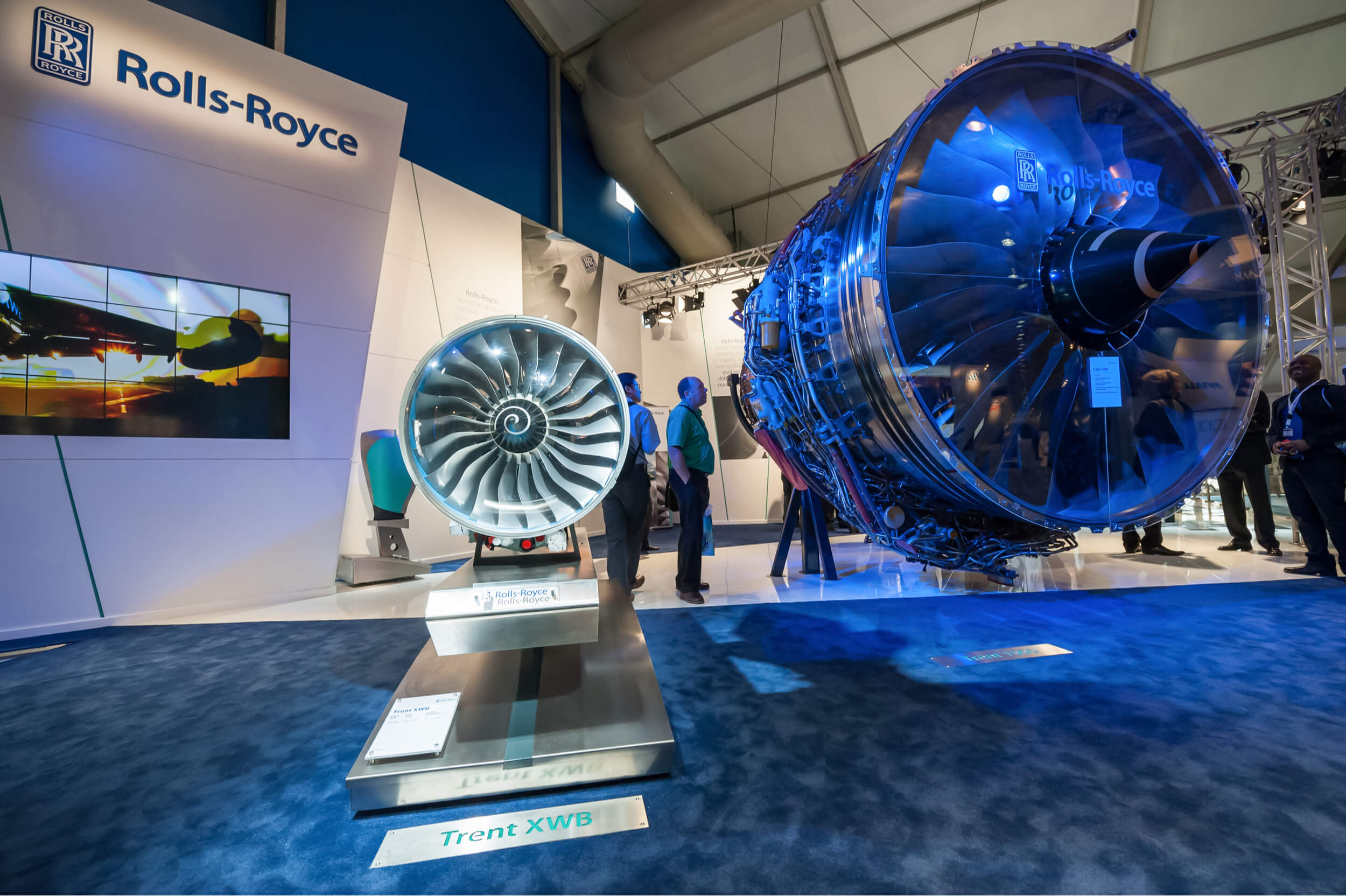 Exhibition by Rolls-Royce of the latest Trent 1000 jet engine at the Farnborough Airshow, UK on July 12, 2012