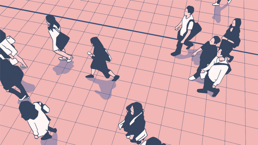 Illustration of people commuters walking in urban public transport station