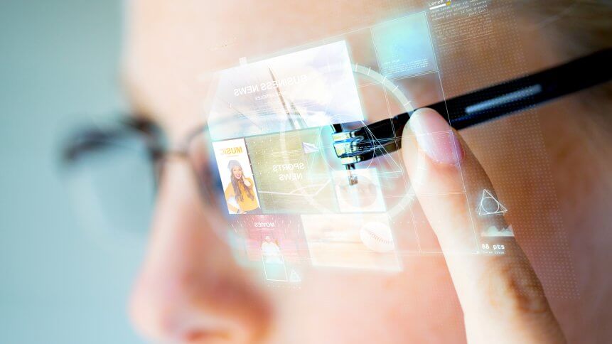 close up of woman in smart glasses with virtual screen