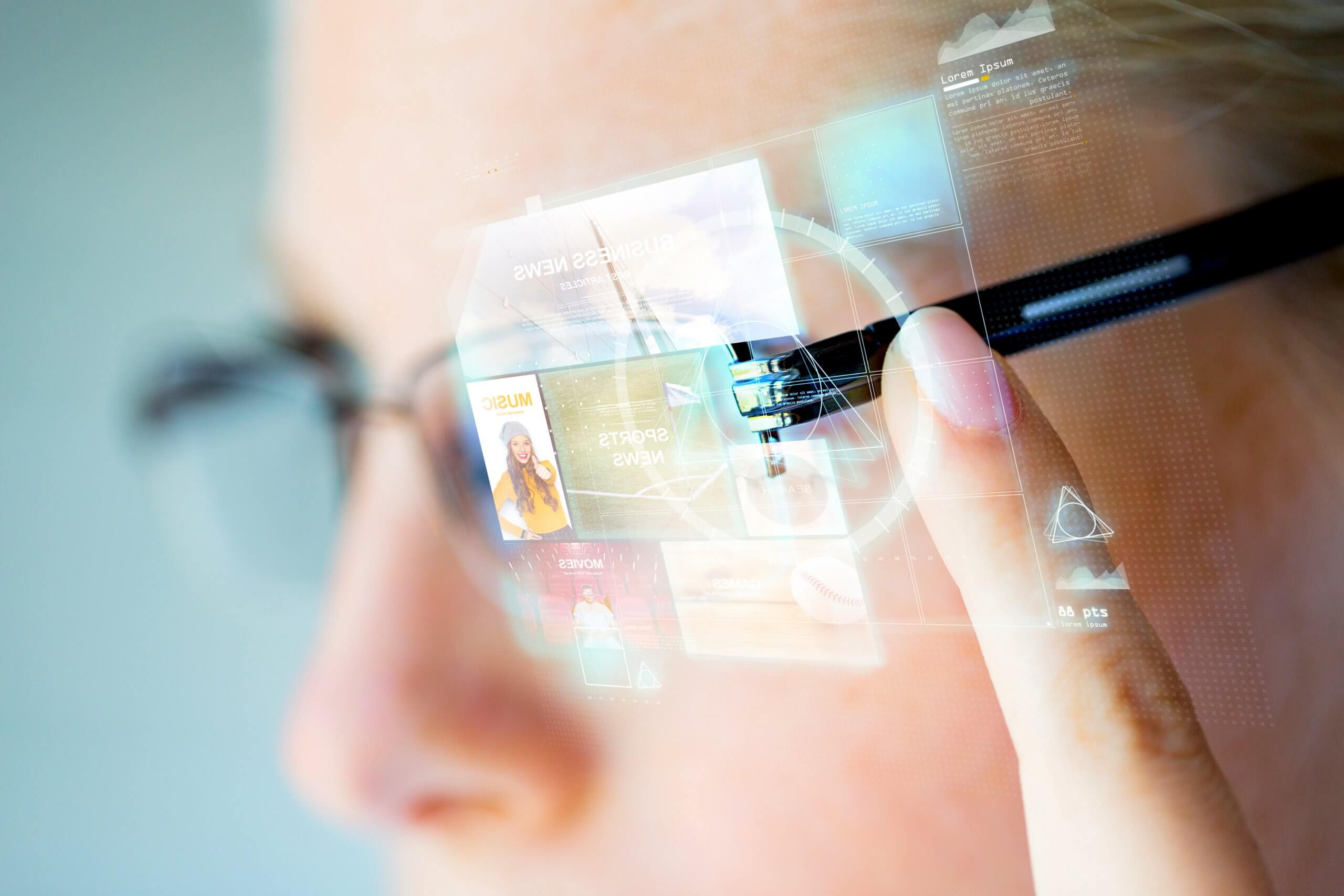 close up of woman in smart glasses with virtual screen