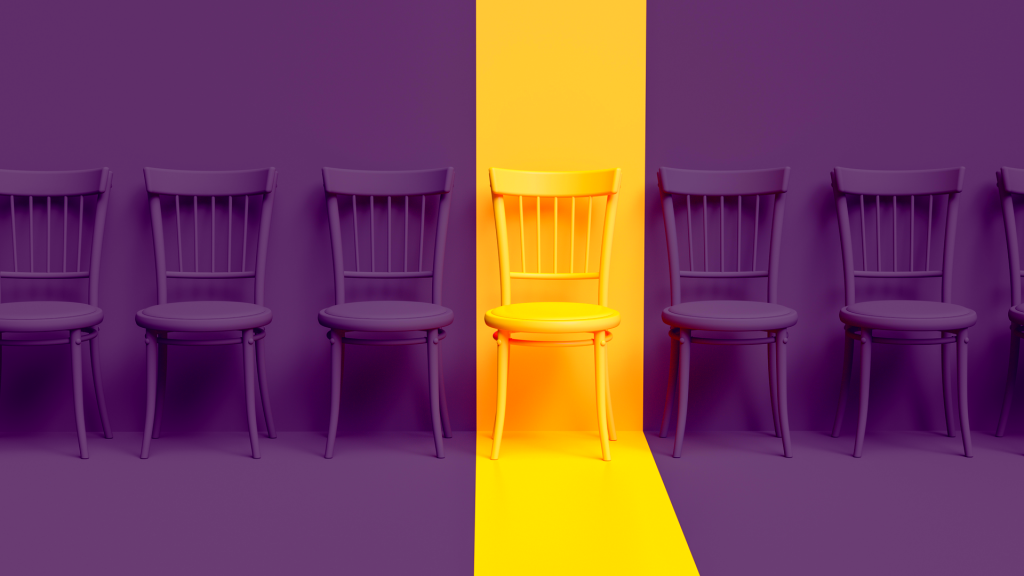 Standing chairs in a row, yellow chair stands out among the likes. Business hiring and recruiting concept. 3d illustration.