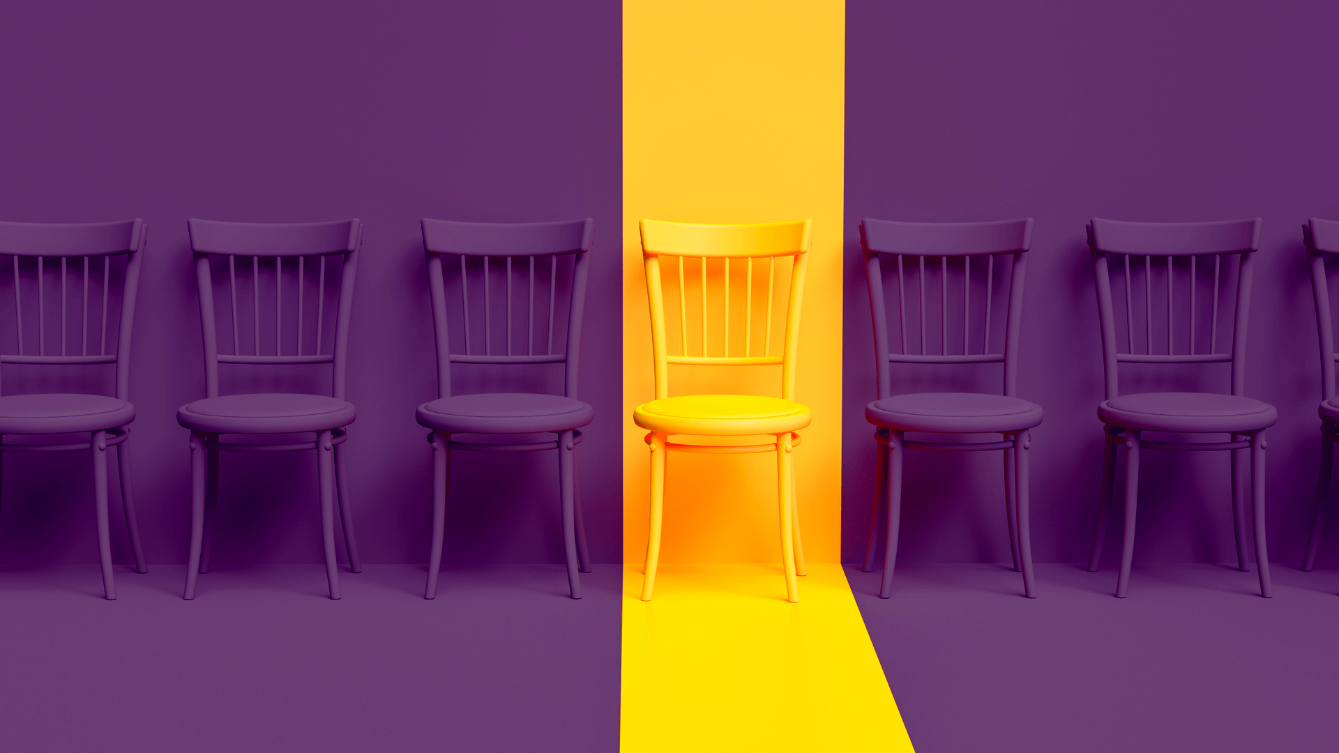 Standing chairs in a row, yellow chair stands out among the likes. Business hiring and recruiting concept. 3d illustration.