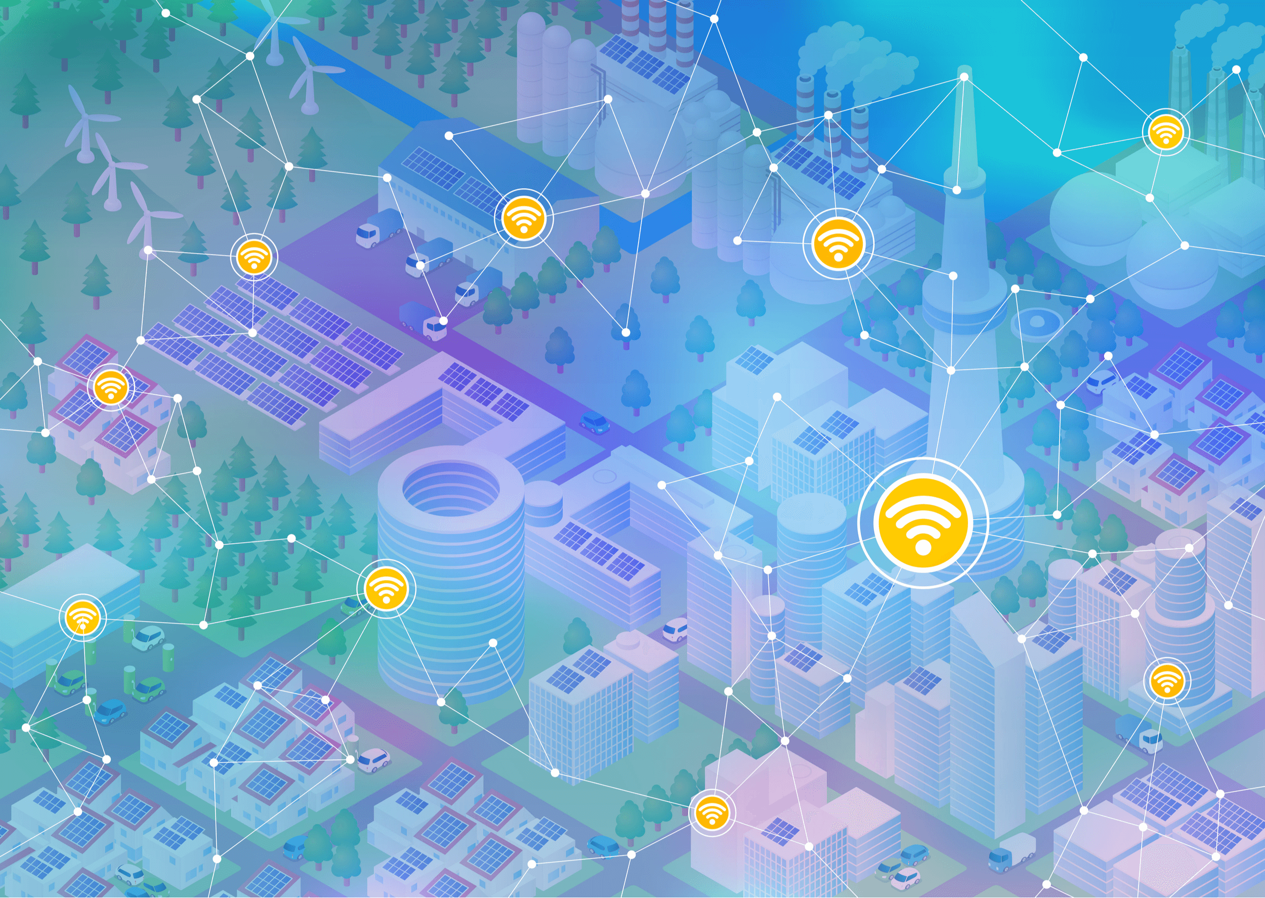Internet of things, city and buildings, sensor network, abstract image vector illustration
