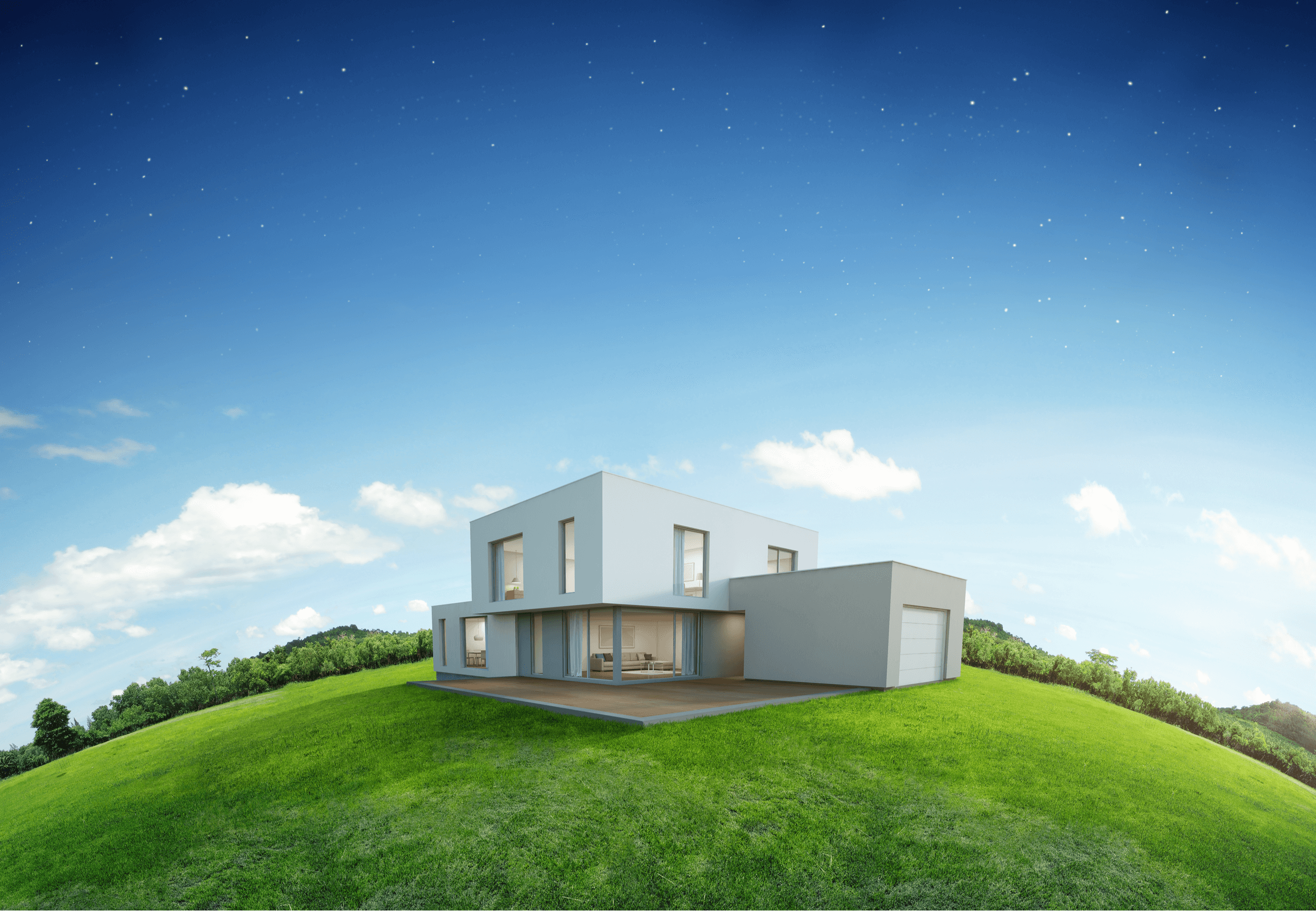 Modern house on earth and green grass with blue sky background in real estate sale or property investment concept, Buying new home for big family - 3d illustration of residential building exterior