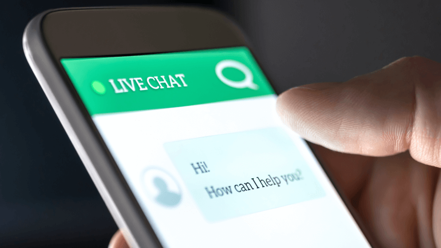 Customer service and support live chat with chatbot and automatic messages or human servant. Assistance and help with mobile phone app. Automated bot and robot. Smartphone helpdesk for feedback cell.