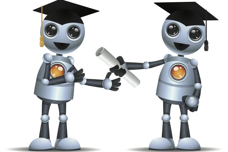 Two robots on a white background, wearing graduation caps. One is handing the other a degree.