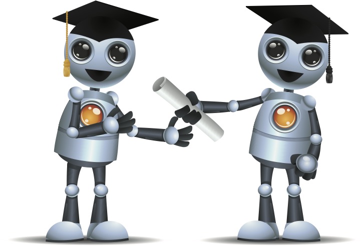 Two robots on a white background, wearing graduation caps. One is handing the other a degree.