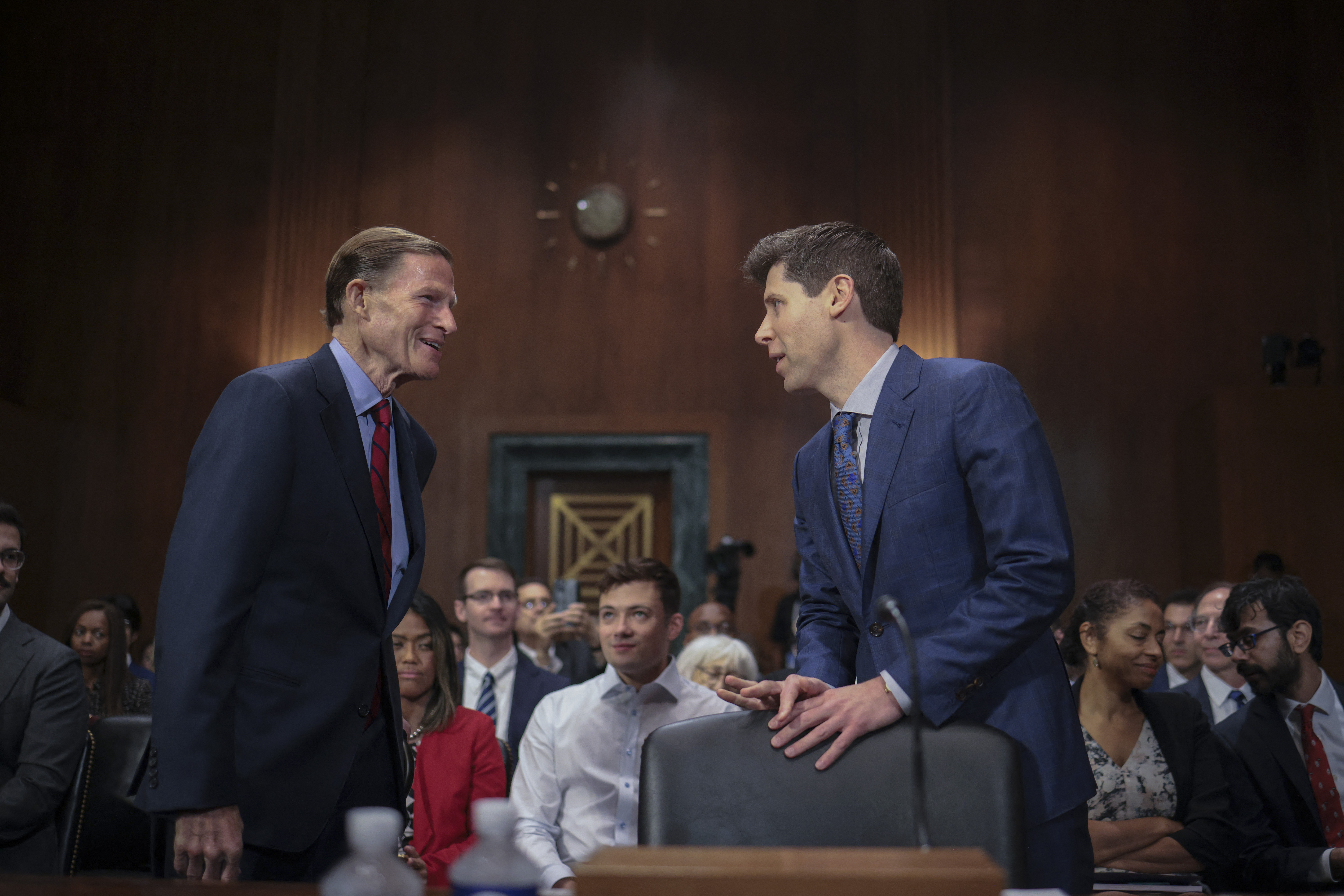 WASHINGTON, DC - MAY 16: Samuel Altman, CEO of OpenAI, greets committee chairman Sen. Richard Blumenthal (D-CT) while arriving for testimony before the Senate Judiciary Subcommittee on Privacy, Technology, and the Law May 16, 2023 in Washington, DC. The committee held an oversight hearing to examine A.I., focusing on rules for artificial intelligence. Win McNamee/Getty Images/AFP (Photo by WIN MCNAMEE / GETTY IMAGES NORTH AMERICA / Getty Images via AFP)
