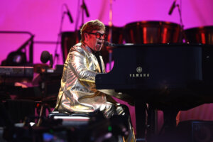 Elton John performs at the piano on the Pyramid Stage at Glastonbury Festival 2023