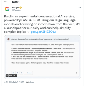 Bard, the AI chatbot developed by Google’s parent company Alphabet, responded to a question about the James Webb Space Telescope wrongly in an advert. The error wiped $100 billion off Alphabet’s share price.