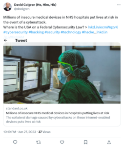 Tweet about the cybersecurity dangers of medical devices.