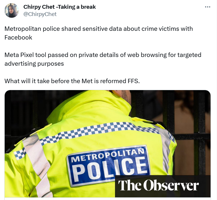 The Meta pixel case, o top of recent proven corruption and misogyny, has led some to call for the Met Police to be overhauled.
