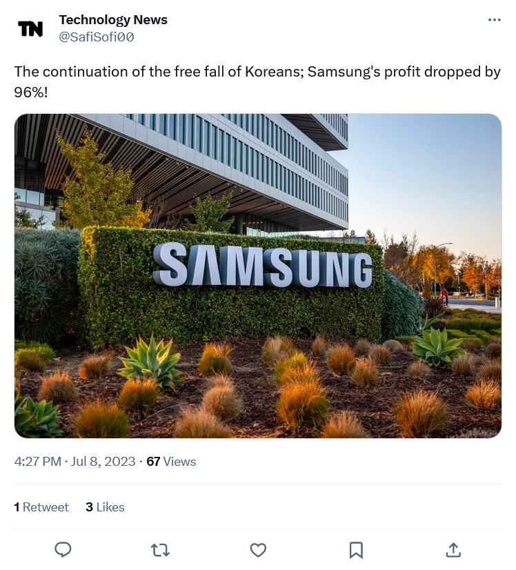 Samsung profits fell to a 14-year low.