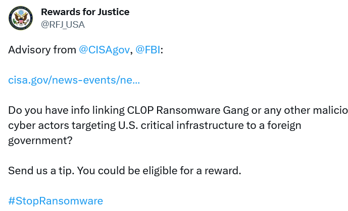Rewards for Justice post details of money available for information about the cl0p supply chain attack.