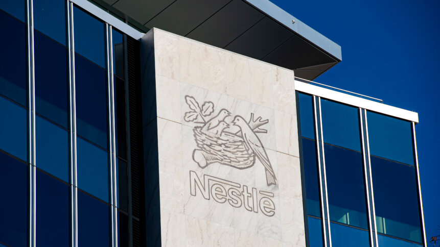 The sign on the front of Nestle HQ in Switzerland