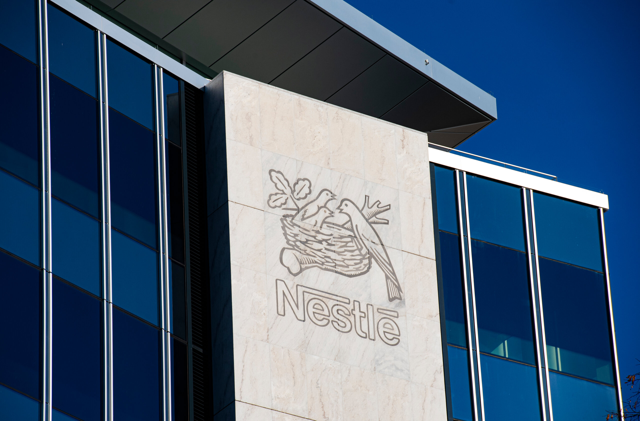 The sign on the front of Nestle HQ in Switzerland