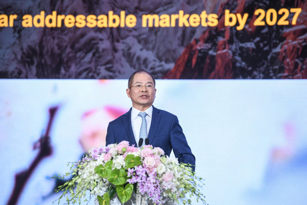 Eric Xu, Huawei deputy chairman and current rotating chairman, speaks during the Huawei 2022 Annual Report press conference in Shenzhen, in China's southern Guangdong province on March 31, 2023. (Photo by AFP) / China OUT