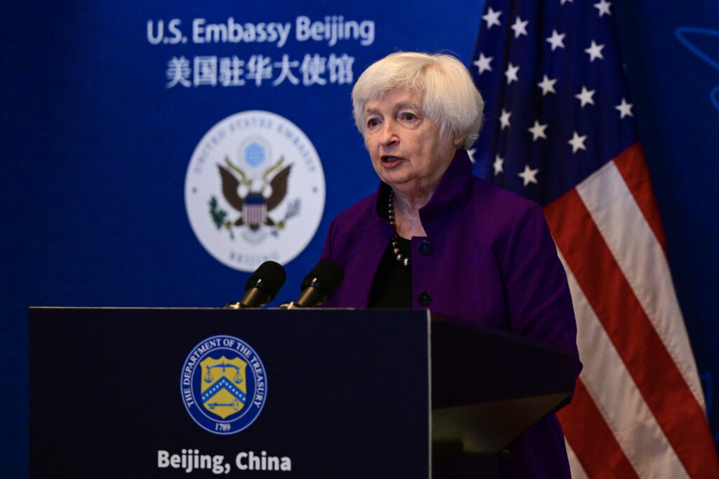 US Treasury Secretary Janet Yellen tried to play down talks of a US-China tech trade war during a press conference at the Beijing American Center of the US Embassy in Beijing on July 9, 2023. (Photo by Pedro PARDO / AFP)