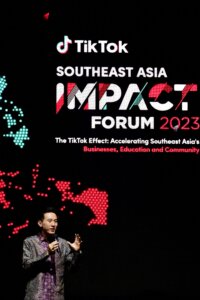 TikTok CEO Shou Zi Chew delivers his opening speech during the TikTok Southeast Asia Impact Forum 2023 in Jakarta on June 15, 2023. He explained the impact of TikTok Shop in Indonesia. (Photo by BAY ISMOYO / AFP)