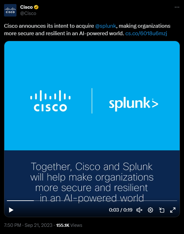 Combined, Cisco and Splunk will become one of the world's largest software companies and will accelerate Cisco's business transformation to more recurring revenue. Source: Cisco's X.com