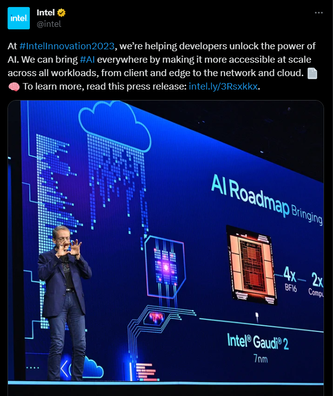 At Intel Innovation, the chipmaker unveiled technologies to bring AI everywhere, including your PC, and to make it more accessible across all workloads – from client and edge to network and cloud. Source: X