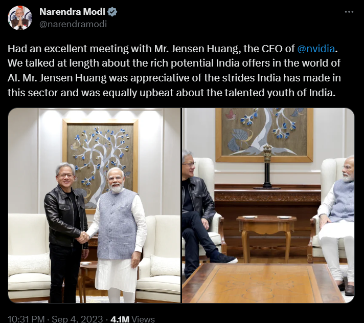 The meeting between the Prime Minister of India and the CEO of Nvidia. Source: Narendra Modi's Twitter.